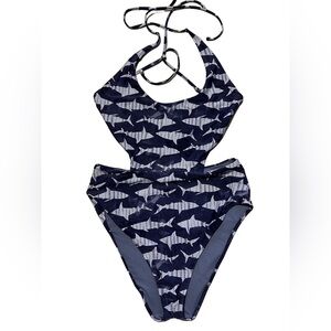 Aerie Shark Print Cutout One Piece Swimsuit XL Navy Halter Tie Back Open Back